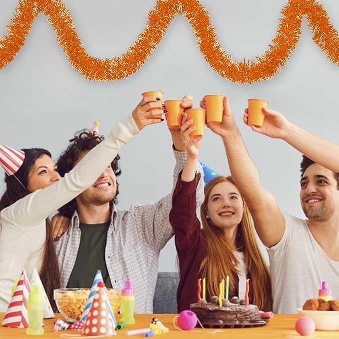 50 Feet Macaron Orange Christmas Tinsel Garland, Metallic Foil Twist Banner Wall Hanging Tinsel Streamers Backdrop for Parade Floats, Christmas, Mother's Day, Birthday Party Decorations(2in x 50ft)