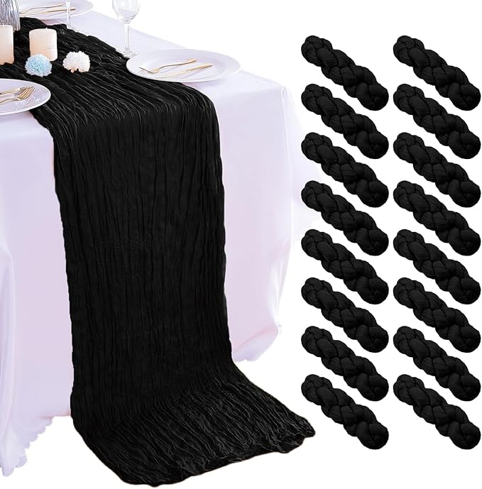 16PCS Black Cheesecloth Table Runner 10FT 35x120Inch Boho Gauze Cloth Long Rustic Sheer for Wedding Party Baby Bridal Shower Decor