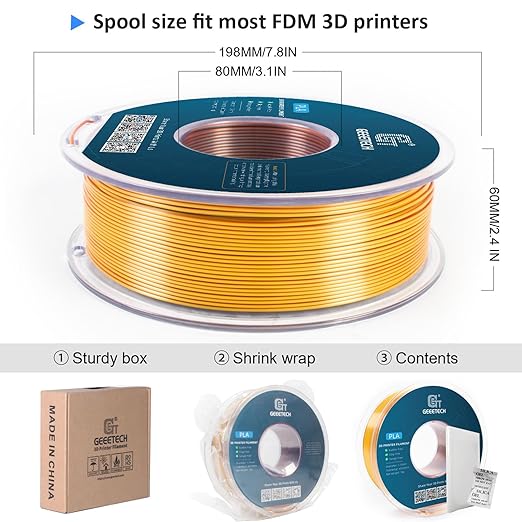 Geeetech 3D Printer Silk PLA Tri-Color Filament, Metal-Like Shiny Silk Filament 1.75mm 1kg (2.2lbs) Spool, Dimensional Accuracy +/- 0.02 mm, Tri-Color Gold Silver Copper