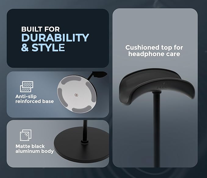 Headphone Stand for Desk – Premium & Minimalist Headset Holder with Round or Oval Base for Gaming, Office & Home (Black, Standard)