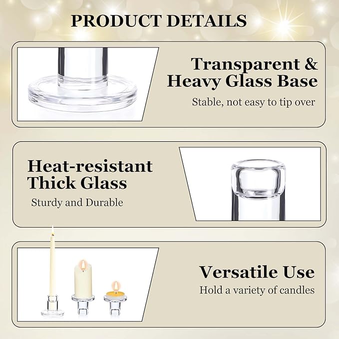 12-Pack Clear Taper Candle Holders, Glass Candlestick Holders for Tapered Candles, 2.2" H with 2.7" Base - Bulk Glass Candle Sticks for Weddings, Tables, Fireplace Mantel Decor