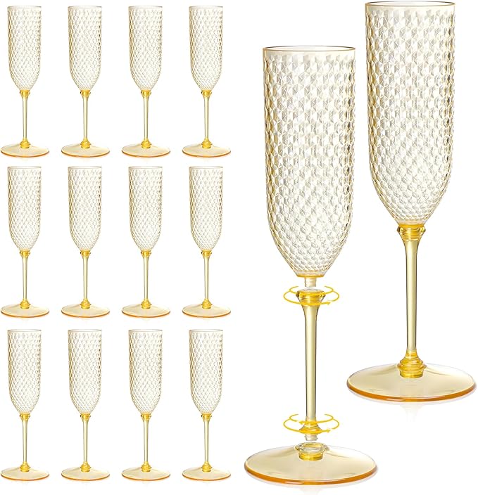 XUWAIDSGN 24 Pack Amber Detachable 2 piece Champagne Flutes 5.5 Oz Unbreakable Plastic Mimosa Disposable Champagne Glasses Drinking Cups Stemmed Reusable Wine Toasting Glasses for Wedding (24, Amber)