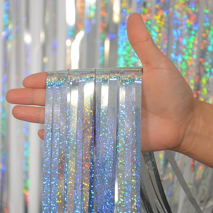 Melsan Foil Curtain, 2 Pack 3.2 ft x 8.2 ft Silver Tinsel Foil Fringe Curtains Backdrop, Sparkle Metallic Foil Curtains for Independence Disco Bachelorette Party Decorations, Silver Tinsel Backdrop