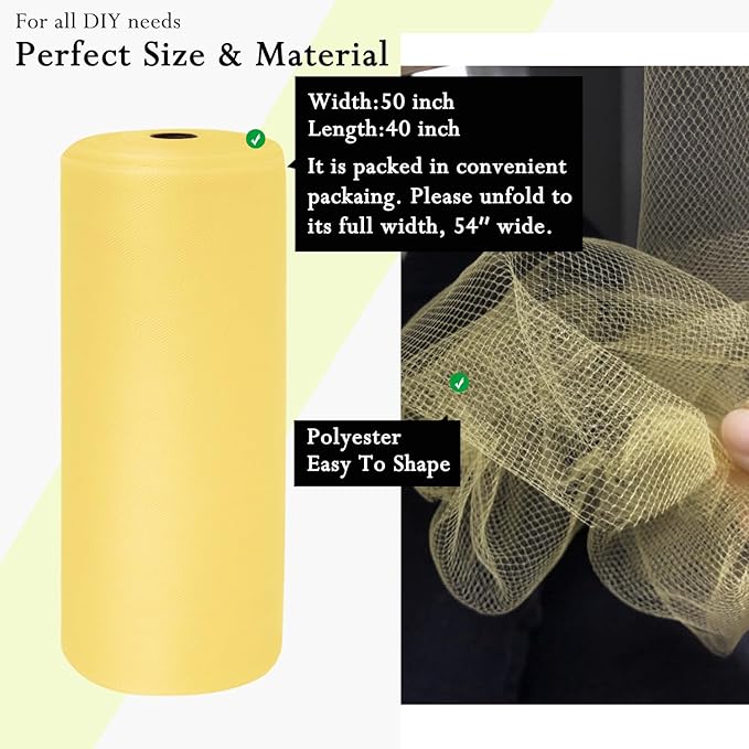 Yellow Cream Tulle Fabric Rolls 54 Inch by 40 Yards Tulle Bolt Spool for Wedding Decorations DIY Tutu Baby Shower Table Skirt Ceiling Decor Birthday Party Craft Supplies