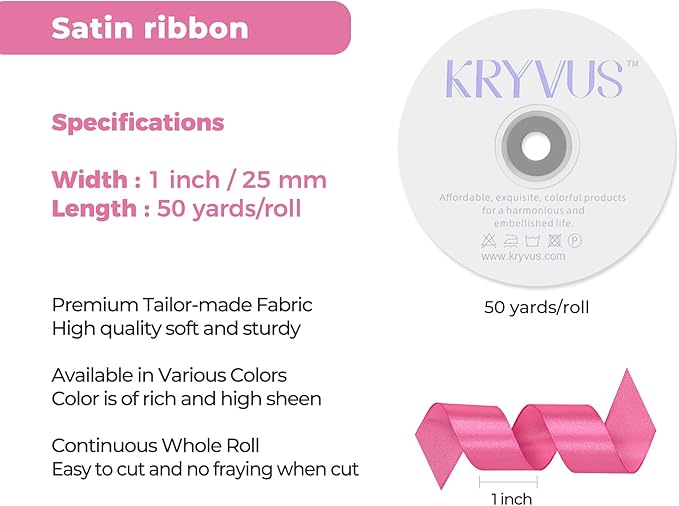 Hot Pink Satin Ribbon 1 inch X Continuous 50 Yards, Single Face Polyester Ribbon Perfect for Gift Wrapping, Flower Bouquet, Wedding Decor, Crafts, Bow Making, Sewing and More