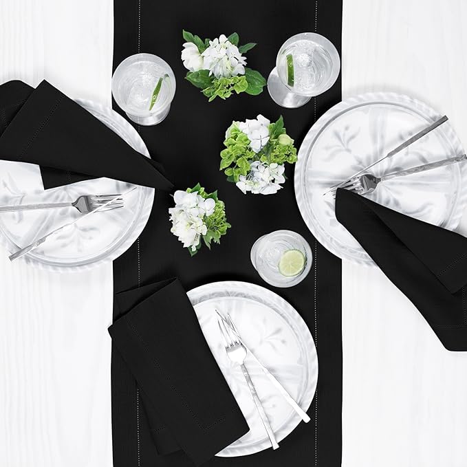 Solino Home Linen Black Table Runner 108 Inches Long - 100% Pure Linen 14 x 108 Inch Table Runner for Fall, Autumn, Halloween, Thanksgiving - Classic Hemstitch