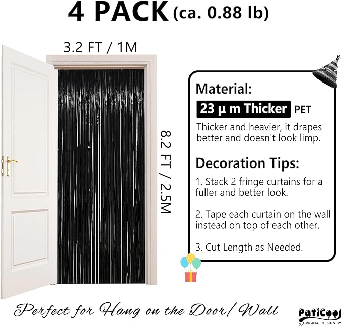 Halloween Decorations Black Streamers - Thicken 4 Pack 3.2 x 8.2 FT - Black Tinsel Foil Fringe Backdrop Curtains, Photo Booth Props for Birthday, Halloween, Retirement, Bachelor Party Decorations