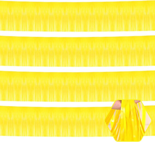 4 Pack 10 Feet Yellow Foil Fringe Garland Metallic Tinsel Streamers Banner Wall Hanging Curtain Backdrop for Parade Floats, Wedding, Graduate, Mother's Day, Birthday Party Decoration