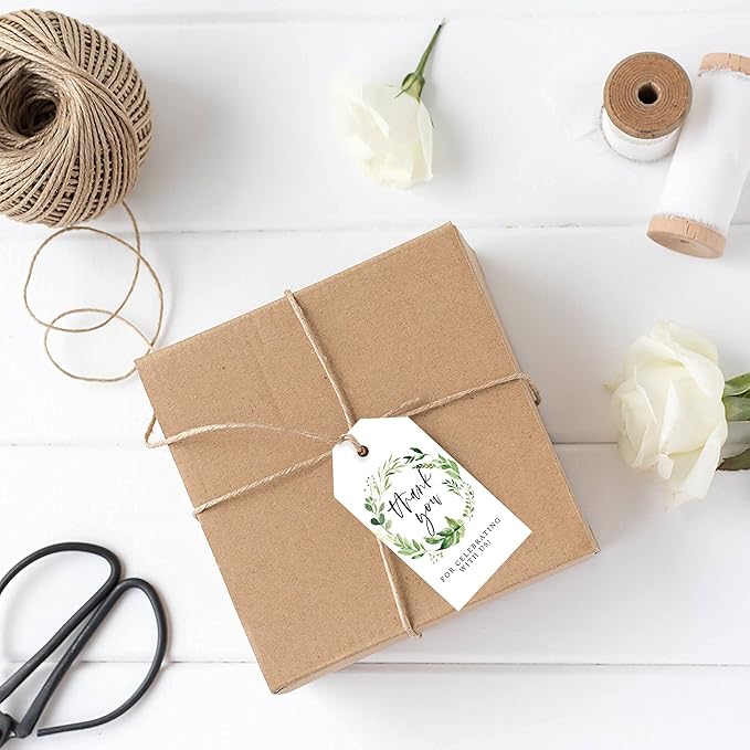 Andaz Press 100-Pack Thank You for Celebrating with Us Favor Tags Greenery Wreath Cardstock Gift Tags with Bakers Twine for Wedding Baby Shower Bridal Shower Birthday Party Favors 2 x 3.75-Inches
