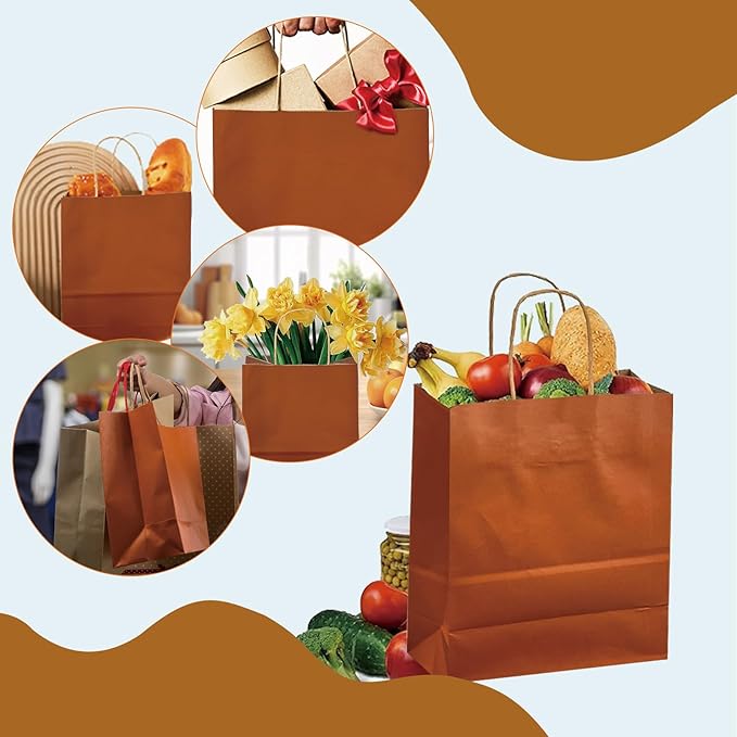 BAG BOX 100 Pack 8.25x4.3x10.6 Inch Orange Gift Bags with Handles,Bulk Kraft Paper Bags for Shopping, Retail, Merchandise, Wedding, Party Favors, Paper Grocery Sacks