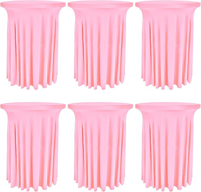 6 Pack Round Cocktail Tablecloth 32"x 43" Spandex Cocktail Table Skirt, Washable Stretch Fitted Table Covers for High Top Bar, Wedding, Party, Events (Pink)