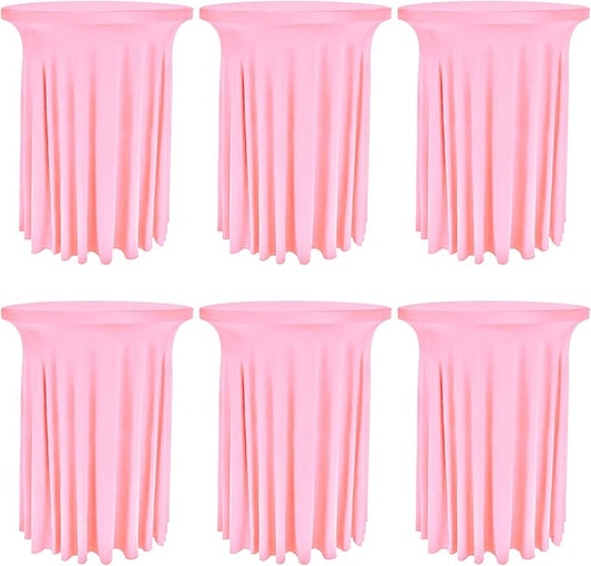 6 Pack Round Cocktail Tablecloth 32"x 43" Spandex Cocktail Table Skirt, Washable Stretch Fitted Table Covers for High Top Bar, Wedding, Party, Events (Pink)
