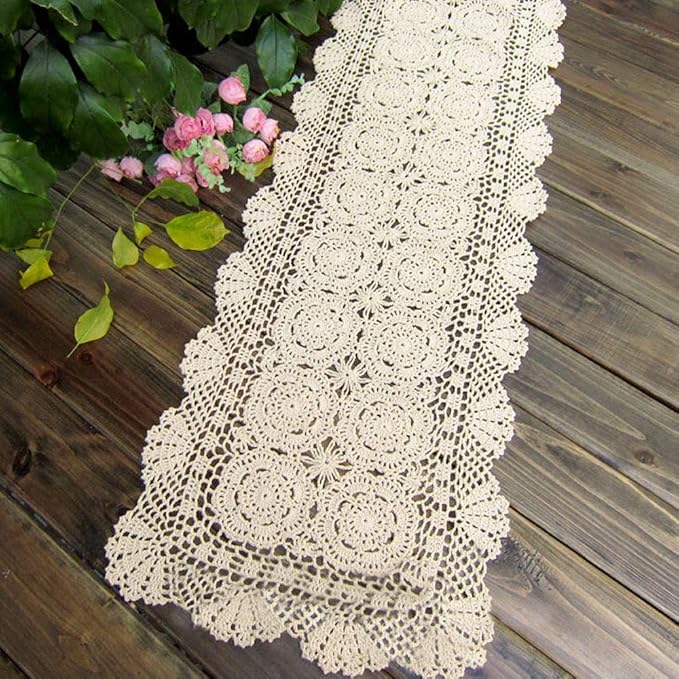 KEPSWET Cotton Handmade Crochet Lace Table Runner Beige Rectangle Coffee Table Dresser Decor (14x96 inch)
