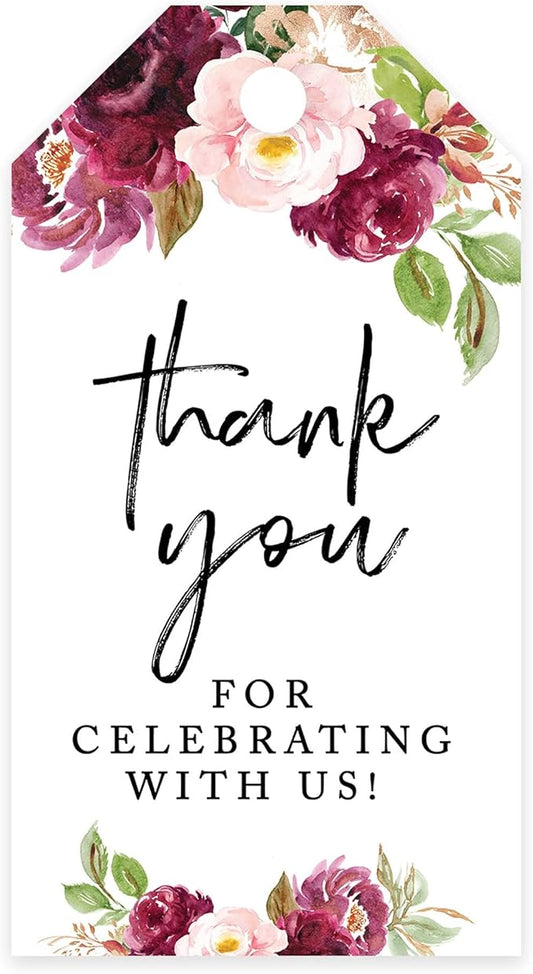 Andaz Press 100-Pack Thank You for Celebrating with Us Favor Tags Fall Burgundy Marsala Cardstock Gift Tags with Bakers Twine for Wedding Baby Shower Bridal Shower Party Favors 2 x 3.75-Inches