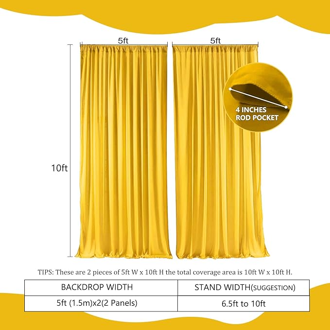 2 Panels Yellow Backdrop Curtain, 10 x 10 Feet Satin Background Curtains for Parties, Weddings, Baby Showers, Halloween, Christmas Birthday Party Photoshoot Backdrop Curtains Decorations