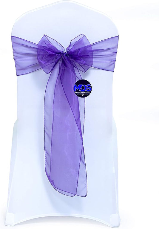 MDS Pack of 25 PCS Organza Chair Sashes Wider Dining Chair Bows Ribbon Tie Back for Wedding Party Birthday Bridal Shower Reception Event Banquet Home Chair Cover Decoration - Purple