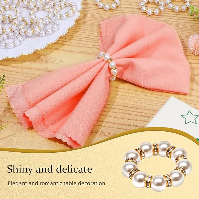 50Pcs Pearl Napkin Rings, Imitation Pearl Napkin Rings Holder, Disposable Beaded Serviette Napkin Buckles for Wedding Reception Party Banquet Dinner Table Decor (Pearl Gold, 50 Pcs)