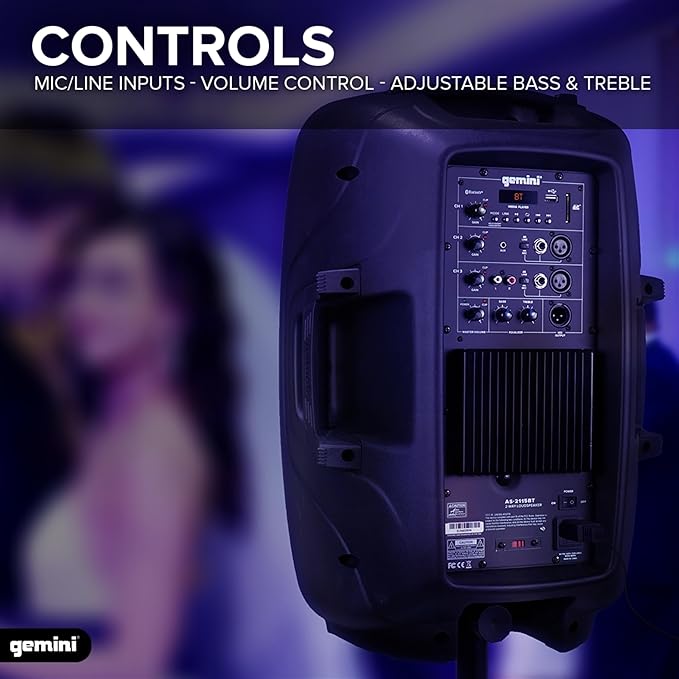 Gemini 15” 2000W Bluetooth PA Speaker with TWS Link, USB/SD/FM, XLR/RCA/AUX Inputs, Dual Mic & Guitar Inputs, EQ Control, Pro Sound System for DJs, Gigs, Events & Mobile Setups (AS-2115BT)