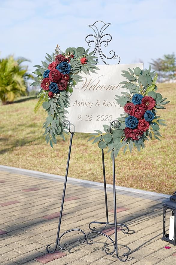 ponatia Wedding Arch Flowers (Pack of 2), Burgundy and Navy Flowers Wedding Decorations for Wedding Welcome Signs, Wedding Arches for Ceremony Reception
