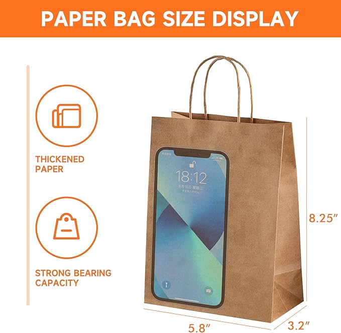 50 Pack Small Brown Paper Gift Bags with Handles, 5.8"x3.2"x8.25" Kraft Paper Gift Bags for Retail, Birthday Parties, Shopping, Versatile Craft Bags & Goodie Sacks