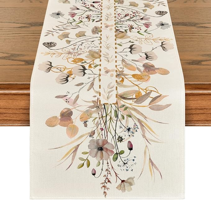 Artoid Mode Wildflower Leaves Floral Fall Table Runner, Autumn Thanksgiving Kitchen Dining Table Decoration for Indoor Outdoor Home Party 13x72 Inch