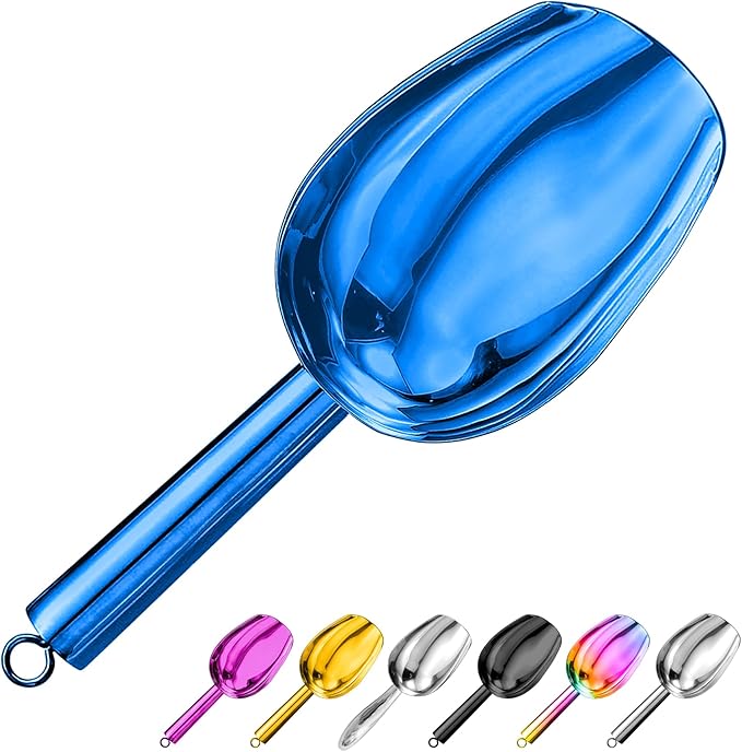 Metal Ice Scoop 3 Oz, Small Stainless Steel Ice scooper for Ice Maker Ice Bucket Kitchen Freezer Bar Party Wedding, Multipurpose for Coffee Bean,Flour Scoop,Dog Food Scoop (3 OZ-Blue)