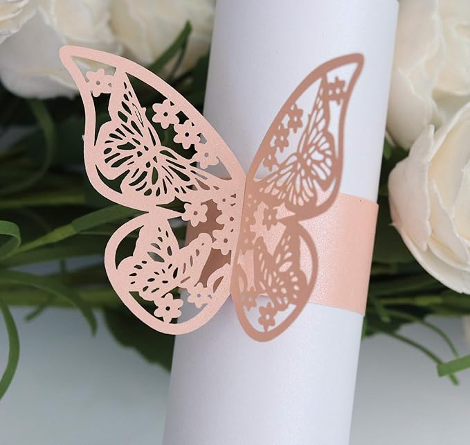 100 Pcs Napkin Rings Laser Cut Butterfly Shape Foil Paper Napkin Holder for Weddings Party Serviette Table Decoration Restaurant (Pink)