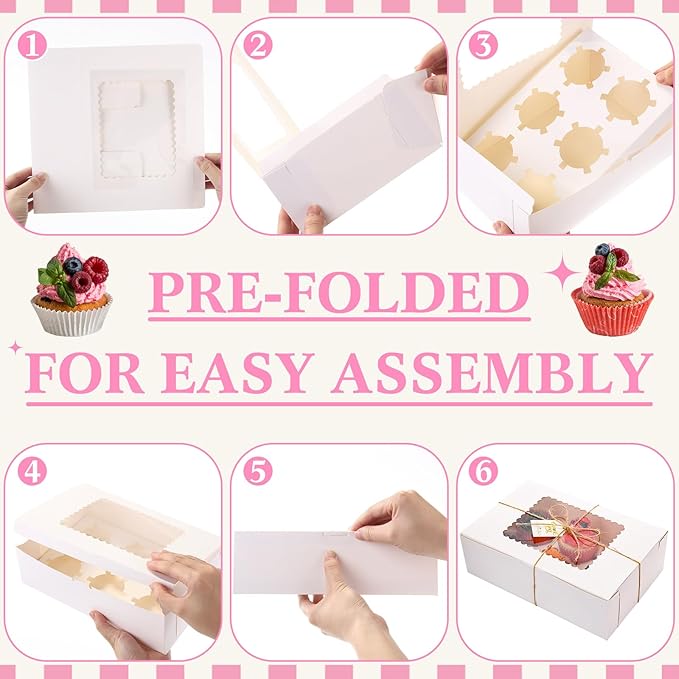 36 Pack Cupcake Boxes Hold 6 Count Disposable Cupcake Containers with Window and Cake Carrier with Thanks Card and Jute Rope to Muffins Cupcakes Cookies Gift Wrapping(White)