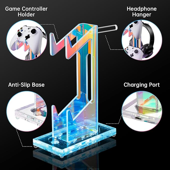 NiHome Iridescent LED Lighting Acrylic Multi-Tier Game Controller Holder & Headset Stand, USB-Powered 7 Colors & 3 Modes, Anti-Slip Gaming Accessories for Desktop, Cable Management (2 Tiers)