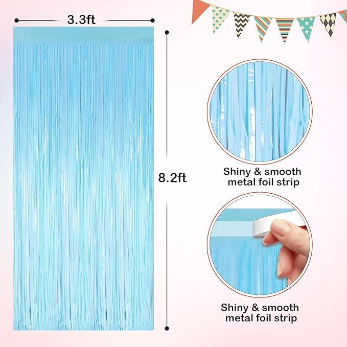 Macaron Light Blue Metallic Tinsel Foil Fringe Curtains, 2 Pack 3.3x8.3 Feet Party Streamer for Birthday Party Decorations, Halloween Decor, Foil Curtain for Bachelorette Party