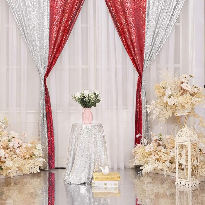 Juya Delight Red Sequin Backdrop Curtain,4PCS 2FTx8ft Glitter Backdrop Curtain for Party,Birthday,Christmas Wedding Decoration