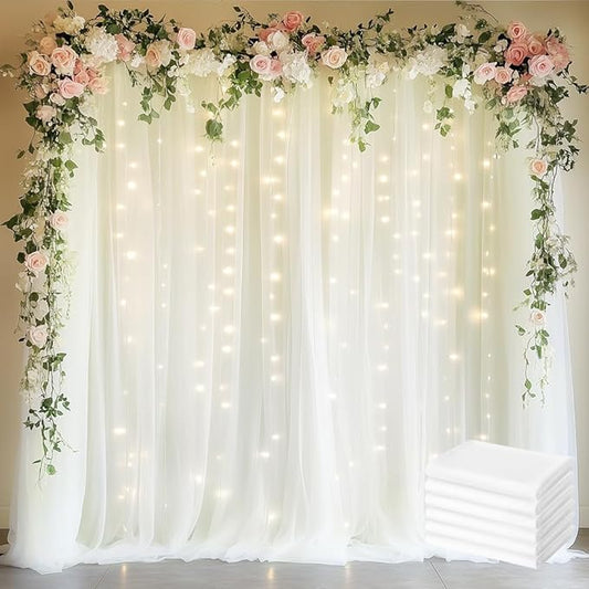 Fomcet Tulle Backdrop Curtains Ivory 30FT X 8FT Tulle Curtains with Lights String Sheer Curtain Backdrop for Parties Wedding Baby Shower Photo Shoot Decorations (6 Panels 5 x 8FT)