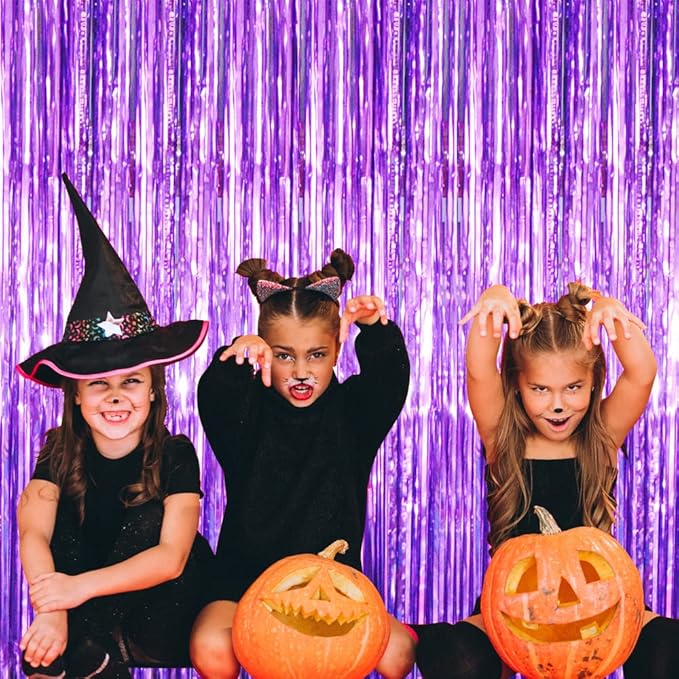 GOER 3.2 ft x 8.2 ft Metallic Tinsel Foil Fringe Curtains Party Photo Backdrop Party Streamers for Halloween Birthday,Graduation,New Year Eve Decorations (5 Packs,Purple)