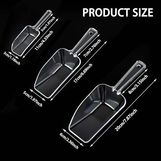 3 in 1 Clear Plastic Ice Scoop Set, Small Acrylic Serving Scoops for Candy Buffet, Canisters, Dry Goods Multi-Purpose Kitchen Mini Food Scoop for Coffee, Flour, Sugar, Salt, Wedding Desserts (L&M&S)