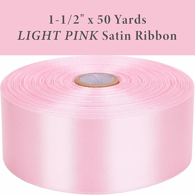 1-1/2 Inch Light Pink Satin Ribbon 50 Yards Solid Fabric Ribbons for Gift Wrapping, Crafts, Floral Arrangements, Wedding, Party, Holiday and Home Decor
