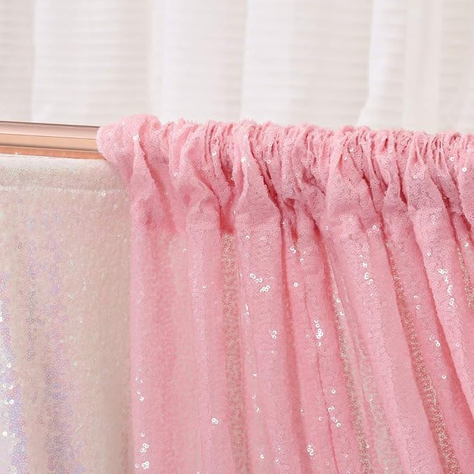 SquarePie Sequin Curtain 2FT x 8FT Pink 2pcs Backdrop Sparkly Wedding Valentine's Day Party Decoration