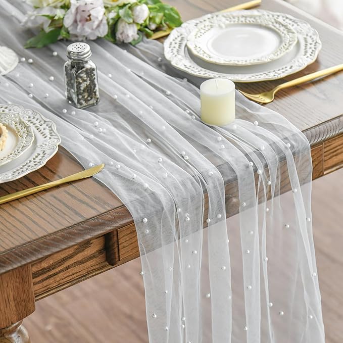 Artoid Mode Pearl Gauze Table Runner 120 Inch 10FT, Seasonal Sheer Dining Holiday Wedding Birthday Baby Shower Table Decor for Home Party
