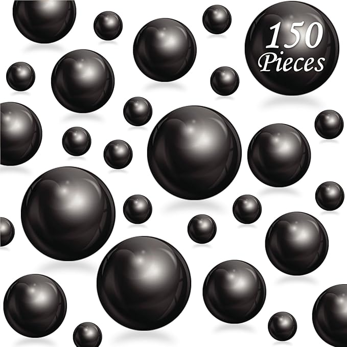 150Pcs Black Polished No Hole Faux Pearl Beads for Vase Filling Decorations, Plastic Pearls Vase Fillers, Table Scatters, Wedding Centerpiece, Home Decor, 8/14/20 mm