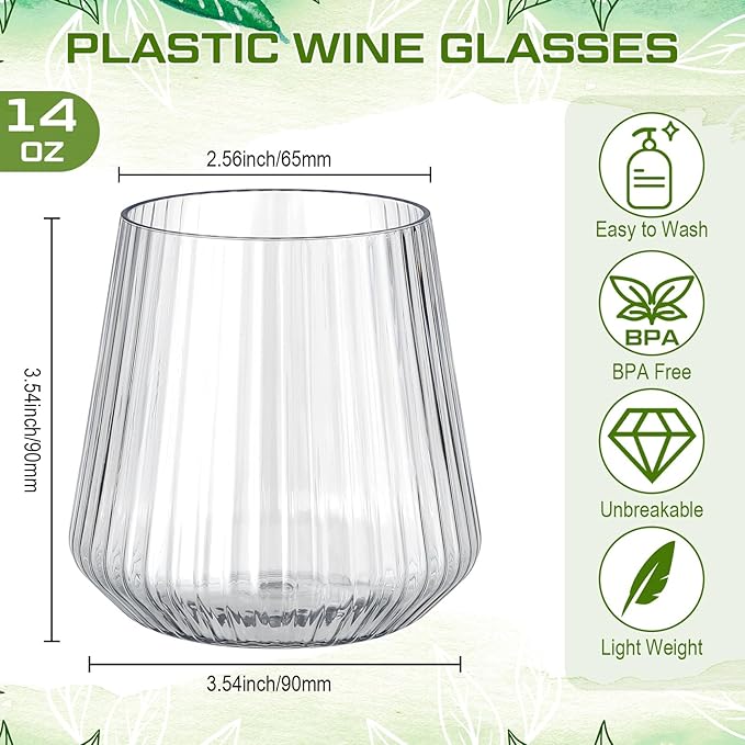 Suclain 60 Pcs Plastic Wine Glasses Ribbed Stemless Wine Glasses 14oz Vertical Design Unbreakable Cups for Outdoor Indoor Vintage Elegant Champagne Whiskey Glasses for Christmas Party Wedding (Clear)