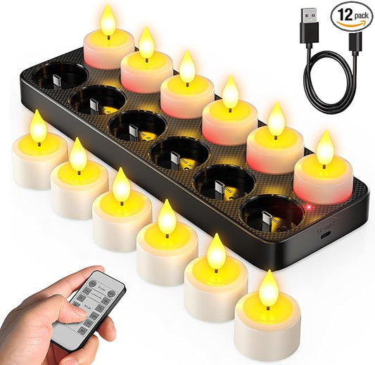 SoulBay Flameless Candles with Remote Control Timer & Charging Base, 12pcs USB Rechargeable Battery LED Tea Lights Candles Small Votive for Lantern Pool Mantle Weddings Emergency Christmas Decorative