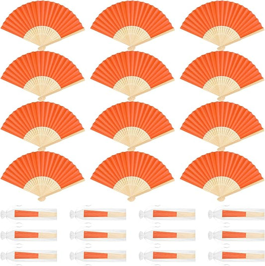 12 Pieces Orange Hand Held Bamboo Folding Fans Paper Fans Handheld for Women Foldable Girls Wedding DIY Decoration Church Home Party Favors Summer