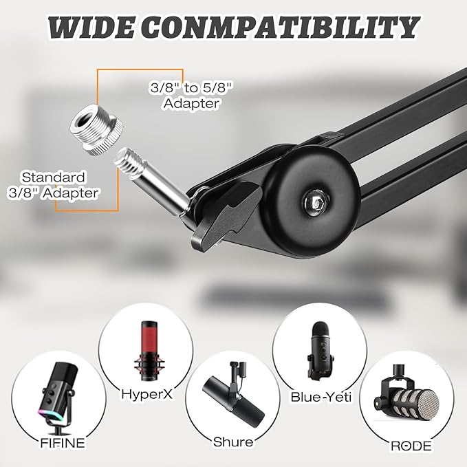 Mic Boom Arm – Heavy-Duty Microphone Stand with Desk Mount Clamp&Microphone Clip Ideal for Podcast & Gaming, Supports 4.4 lbs for Blue Yeti, FIFINE, HyperX, Shure & More
