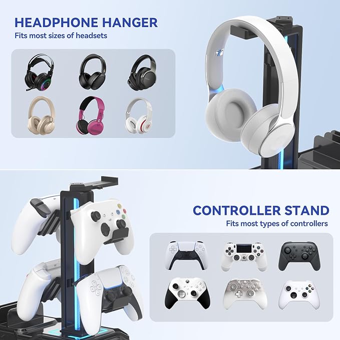 KDD Headphone Stand with USB A&C Charger Ports - RGB Controller Stand with Detachable Hooks - Rotatable Headset Hanger & Device Slot for Phones/Tablets - Drawer Storage Base for Gaming Desk Organizer