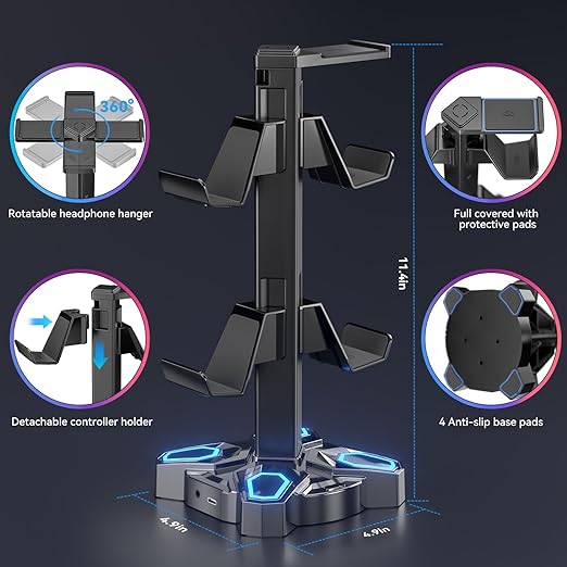 KDD Gaming Headphones Stand, Rotatable Headset Stand with Light Modes - Controller Holder with 2 USB Charging Ports and 3.5mm - Earphone Hanger Accessories for Desktop Gamer(Black)