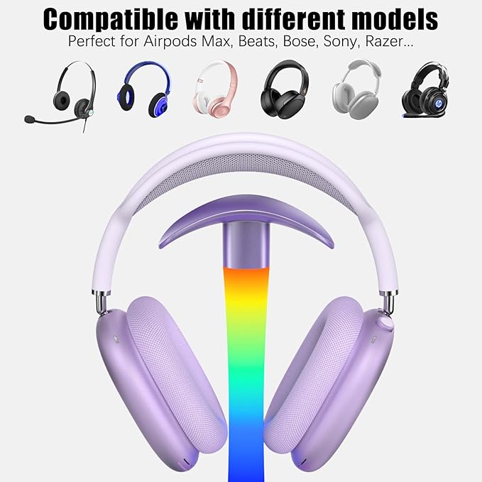 Headphone Stand with Wireless Charger,Gaming Headset Stand with RGB Light Mode,Airpod Max Stander Compatible with Airpod Pro/3/2,iPhone 16/15/14/13/12/11,Gifts for Gamers & Music Lover (Purple)