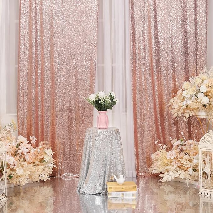 Sequin Backdrop Curtain Eternal Beauty Valentine's Day Glitter Panel Background for Wedding Party Decor (2 Packs, W3 x H7FT,Rose Gold)