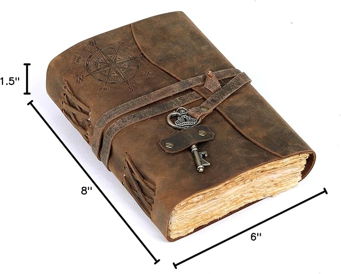 cuero Compass Vintage Leather Journal Antique Handmade Bound Journal with Deckle Edge Paper Diary Leather Sketchbook Drawing Journal Notebook Great Gift Men & Women (6X8 Inch)