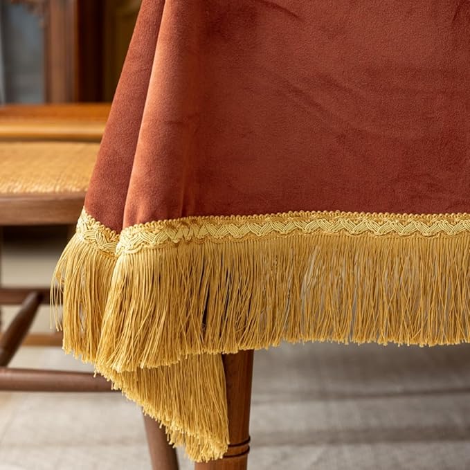 F-CHU Luxury Burnt Orange Tablecloth Thickset Velvet Tablecloth with Beautiful Gold Tassels Table Cloth for Home Decor Wedding, Party, Banquet and Events 60x102-Inch