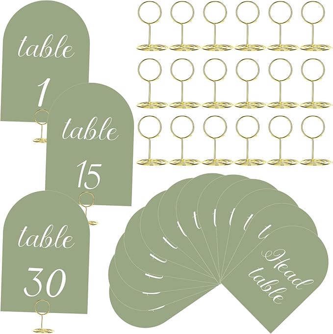 Green and White Table Numbers 1-30 with Head Table Number Card and Holders, 5 x 7 Inch Arched Place Seating Sign Double Sided for Wedding Reception Anniversary Birthday Party Restaurant