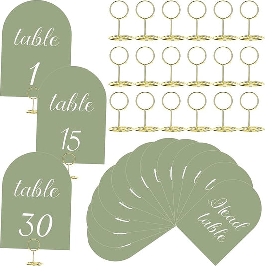 Green and White Table Numbers 1-30 with Head Table Number Card and Holders, 5 x 7 Inch Arched Place Seating Sign Double Sided for Wedding Reception Anniversary Birthday Party Restaurant
